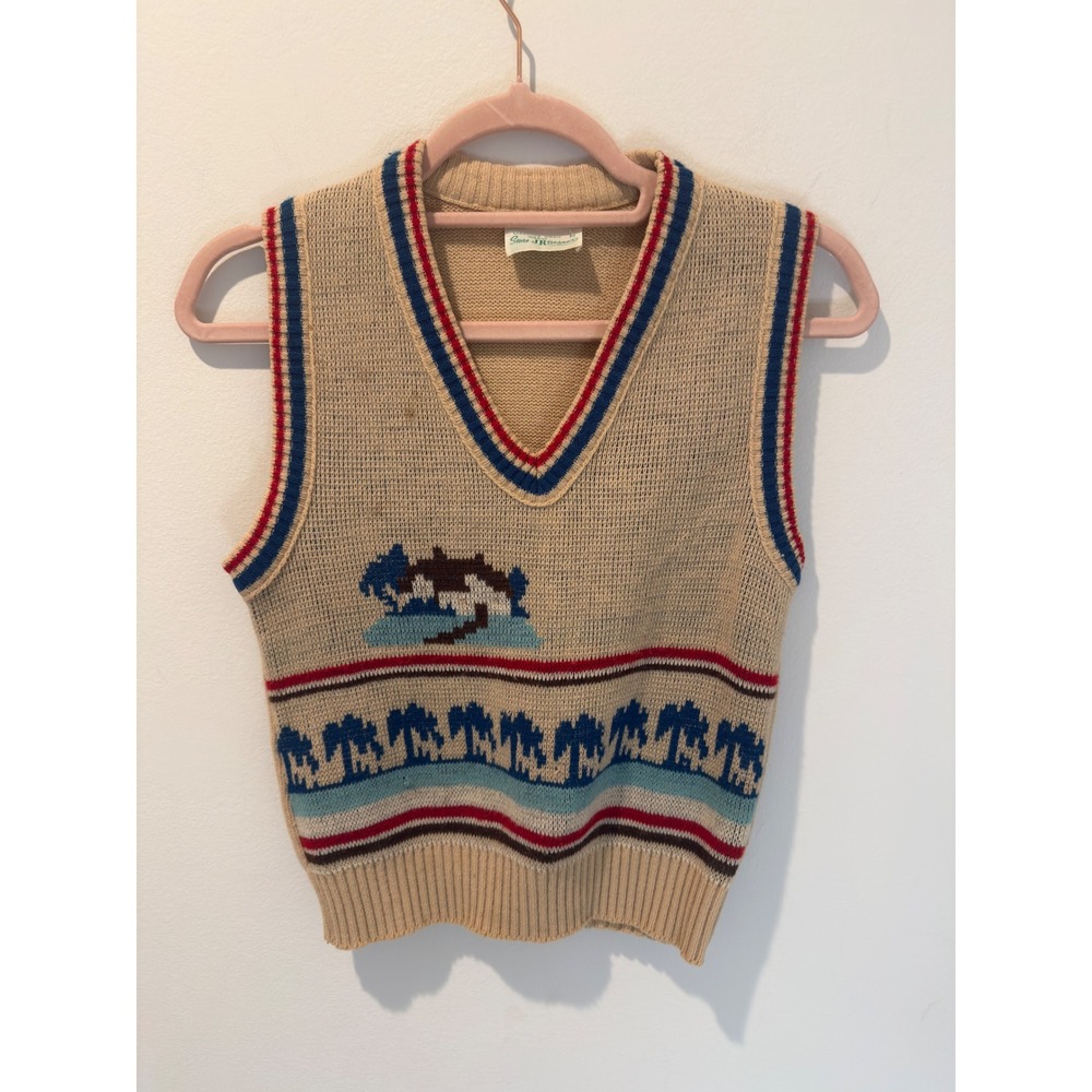 Vintage 70s Sears JR Bazaar Landscape Graphic Knit Sweater Vest